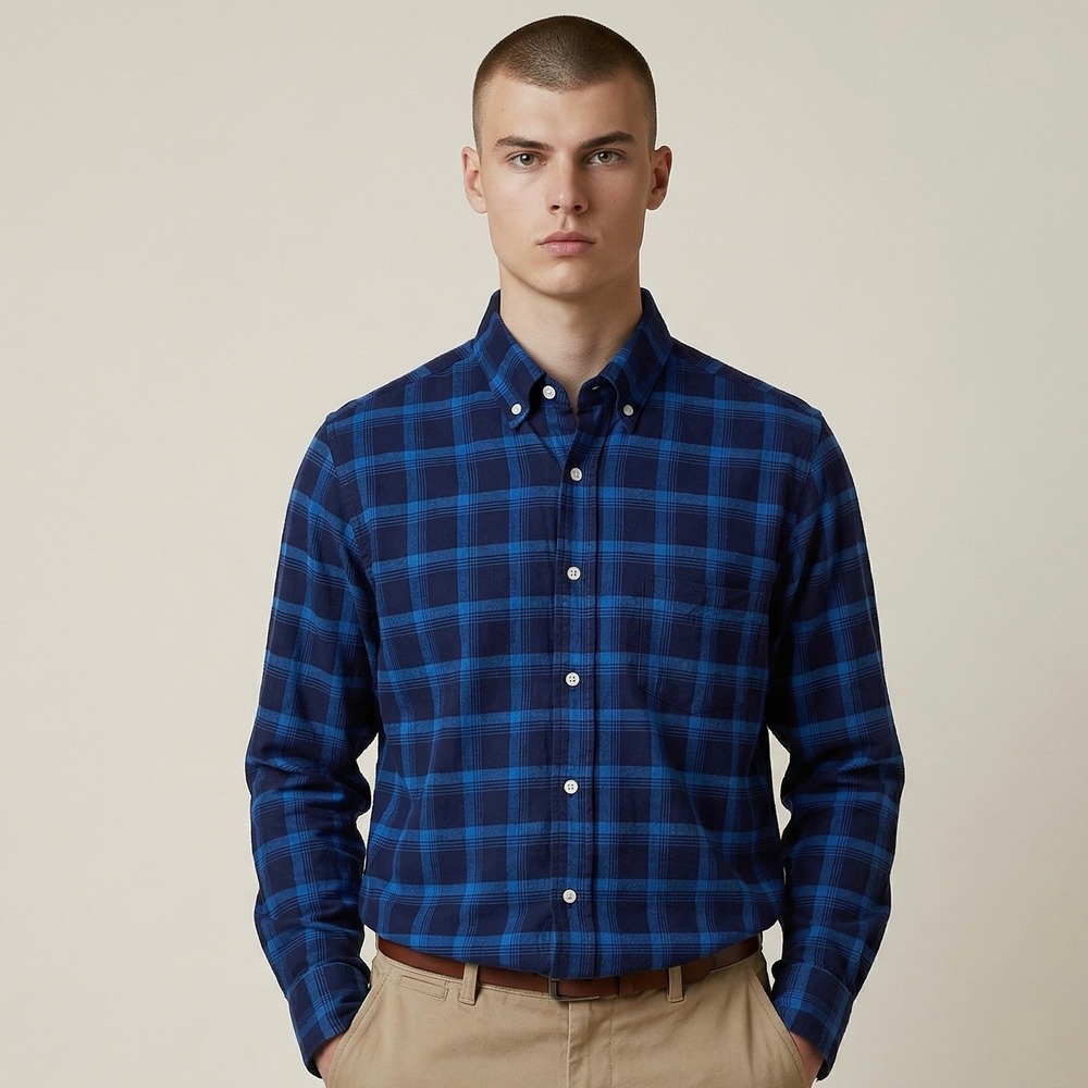 Gustin Shirt Mens M Medium Classic Fit Stone Blue Plaid Button Down USA Made